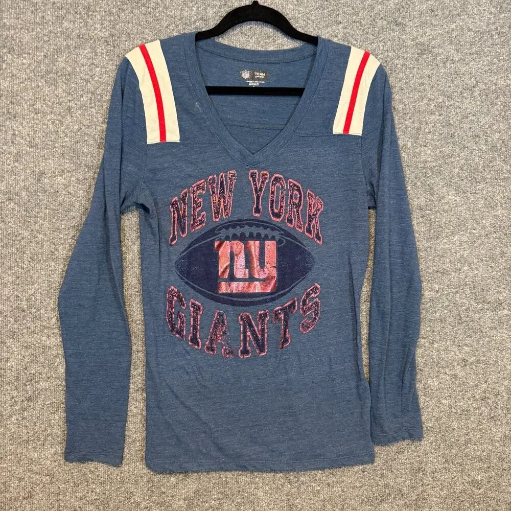 New York Giants Shirt Womens Medium‎ Blue Vneck Long Sleeve Stretch NFL Football